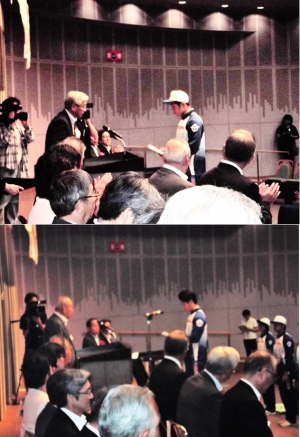 (写真上)【奨励金授与】柔道競技/少年男子 平野 達也選手,(写真下)【選手団謝辞】空手道競技/成年男子 米山 英弥選手