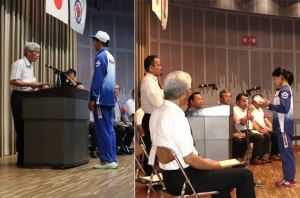 左:【奨励金授与】(ビーチバレーボール) 春名 優作 選手,右:【謝辞】(体操競技) 河原 早紀 選手